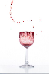 Empty bloody Halloween drink with red dripping decoration of the wine glass in front of white background with a splash of blood and copy space