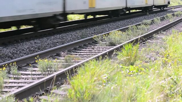 The train is speeding past the camera. Bottom of a train with wheels and railway tracks in the background. The grass sways strongly from the wind.