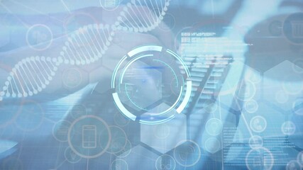 Animation of scope scanning, dna strand and network of connections over hands typing on keyboard - Powered by Adobe