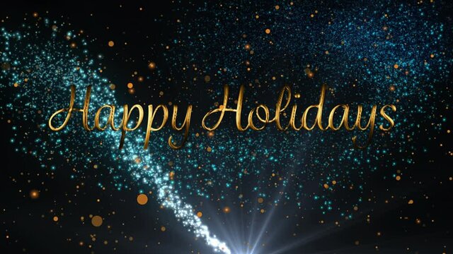 Animation of happy holidays text over light spots on black background