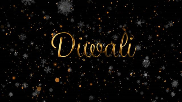 Animation of diwali text over light spots and snow on black background