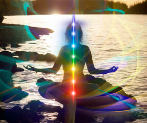 Glowing seven all chakra. Yoga meditation outdoors. Woman sits in a Lotus pose on mountain river...