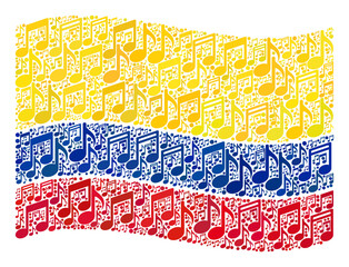 Mosaic waving Colombia flag designed of melody icons. Vector musical mosaic waving Colombia flag done for concert posters. Colombia flag collage is designed of random melody items.