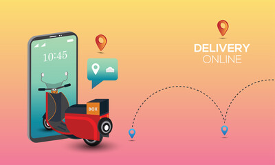 Online delivery service by scooter on mobile phone. E-commerce success, location tracking point, food box. Delivery concept