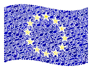 Mosaic waving Europe flag constructed with music icons. Vector music collage waving Europe flag created for club projects. Europe flag collage is done with scattered music icons.