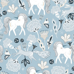 Seamless bohemian style pattern with hand drawn unicorn, fox, bunny and flowers. Vector illustration