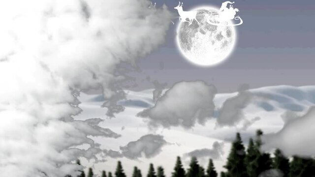Animation of santa claus in sleigh with reindeer over clouds and moon