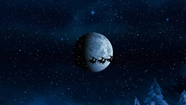 Animation of santa claus in sleigh with reindeer over winter scenery and moon