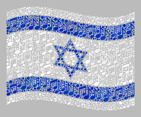Mosaic waving Israel flag designed with melody icons. Vector music collage waving Israel flag designed for club illustrations. Israel flag collage is created of randomized melody icons.