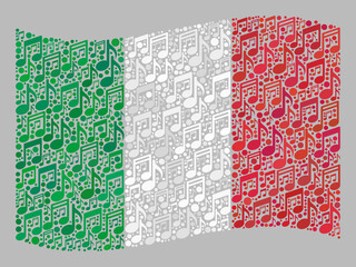 Mosaic waving Italy flag designed with melody signs. Vector melody mosaic waving Italy flag done for party projects. Italy flag collage is designed with randomized melody icons.