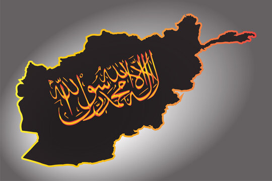 Calligraphic spelling of the Taliban Shahada of the Islamic Republic of Afghanistan on an outline map. The inscription on a black background.