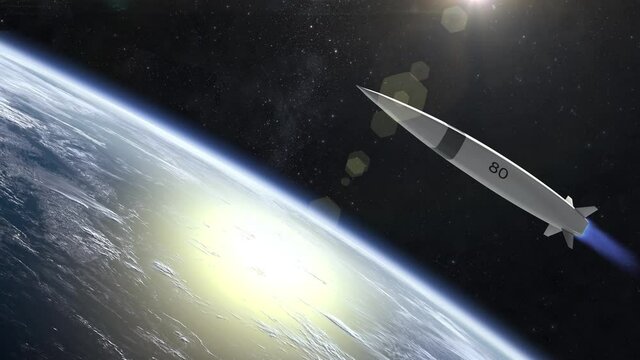 A hypersonic missile with a nuclear warhead takes off over the Earth. View from space. The rocket flies and rotates. Hypersonic weapon. Nuclear war. 4K. 3D Animation.