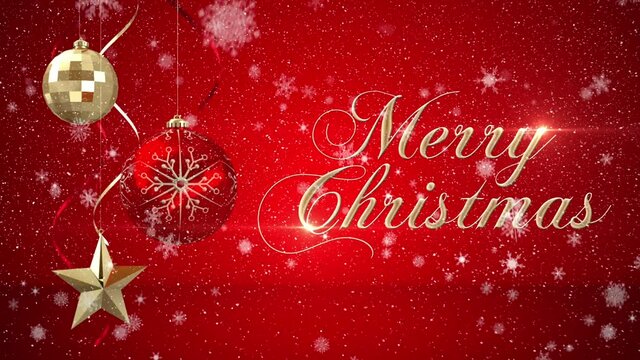 Animation of snow falling over merry christmas text and red and gold christmas baubles decoration