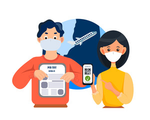 A young man and a girl in medical masks on the background of a planet and a flying plane