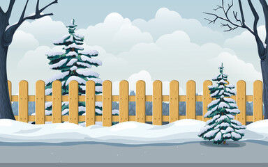 seamless winter landscape with snowy spruce, trees, wooden fence, snowdrifts, road. illustration of village, park, backyard or countryside in winter. cold season horizontal scene for game background.