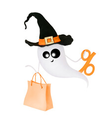 Cute ghost in the witch hat with paper bag and percent. Isolated