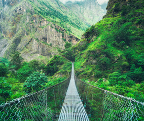 Suspension metal bridge and beautiful green forest in himalayan mountains at sunset in summer. Colorful landscape with bridge, trees, high mountains in overcast day. Travel. Hiking in Nepal. Nature
