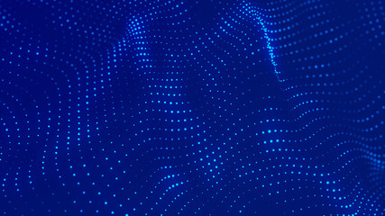Digital technology background. Abstract dynamic wave of connected dots and lines on dark background. Wave of bright particles. Big data. 3d rendering.