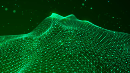Digital technology background. Abstract dynamic wave of connected dots and lines on dark background. Wave of bright particles. Big data. 3d rendering.