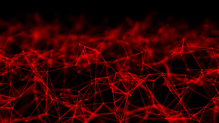 Digital technology background. Abstract dynamic wave of connected dots and lines on dark background. Wave of bright particles. Big data. 3d rendering.