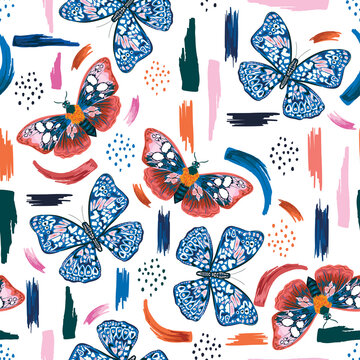 Colourful Hand drawn butterflies with artistic brush strokes seamless pattern vector EPS10,Design for fashion , fabric, textile, wallpaper, cover, web , wrapping and all prints