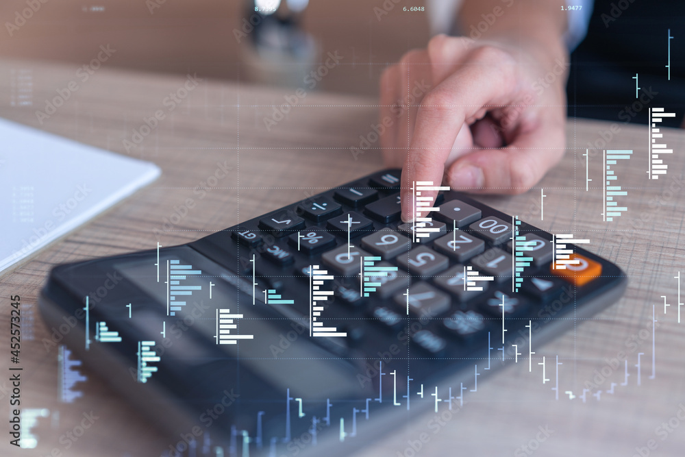 Poster a woman trader computing historic data to predict stock market behavior. internet trading concept. f