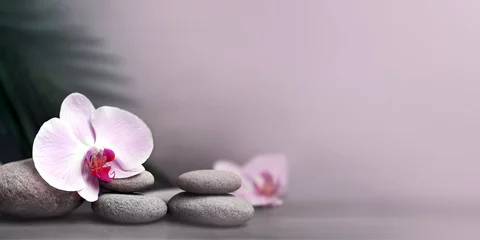 Foto auf Acrylglas Badekurortsteine mit Palmzweig und Blumenorchidee auf grauem Hintergrund. © Belight