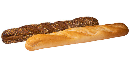 Baguette made of wheat and rye flour, with sesame and flax seeds and a baguette made of wheat flour.Fresh pastries on a white background.