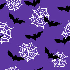 All over Halloween seamless vector repeat pattern with black bat and spiderweb silhouettes on dark purple background