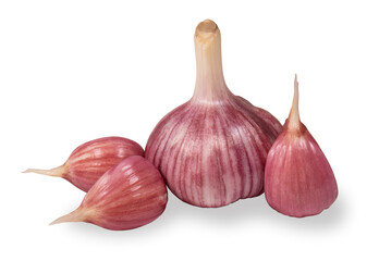 Whole garlic and peeled garlic cloves isolated on a white background.Ripe raw vegetable on a white background.