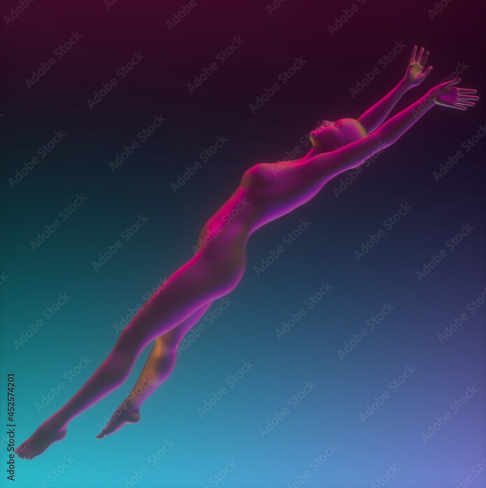 Poster 3d illustration of levitating woman. concept of artificial intelligence or robot.
