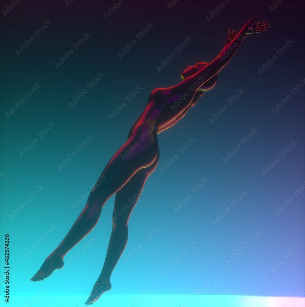 Poster 3d illustration of floating woman. concept of artificial intelligence or robot.