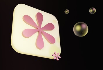 3D 6 pink petaled flower app icon on black background with pink flowers and glass beads
