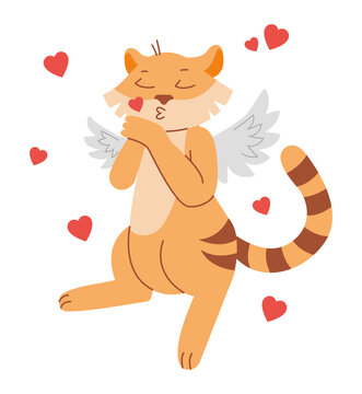 Enamored tiger with wings. Angel. Vector image.