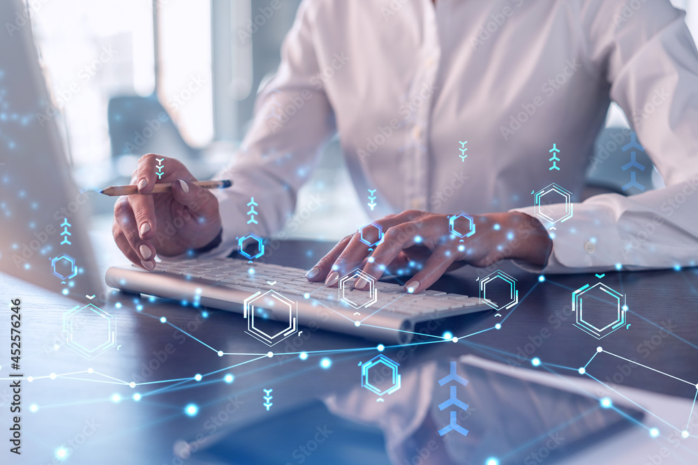 Poster woman typing the keyboard to create innovative software to change the world and provide a completely