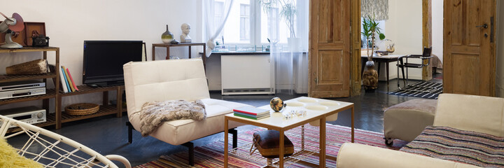 Vintage interior in tenement house, panorama