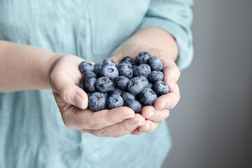 A handful of blueberries, blue berries in female hands