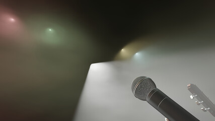 Microphone with colorful foggy spotlight in background (3D Rendering)