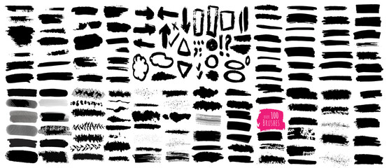 Over 100 Brushes, big collection of black paint, ink brush strokes, brushes, lines, grungy. Dirty artistic design elements and frames. Vector illustration. 