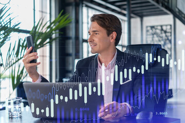 Businessman in suit using smart phone to optimize trading strategy at corporate finance fund. Forex...