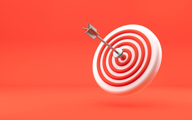Business goal, Arrow Darts in the center of target. achievement and success concept. Modern design, 3d rendering. Bright red background.