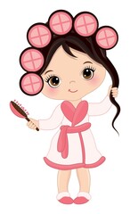 Vector Cute Little Spa Girl with Rollers and Hair Brush. Vector Little Spa Girl