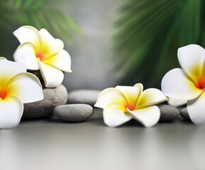 Obraz na płótnie Canvas Spa stones with palm branch and flower plumeria on light background.