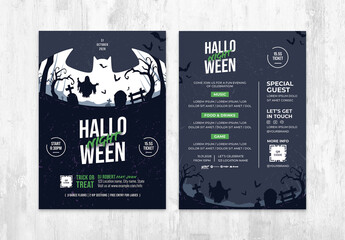 Halloween Flyer with Graveyard Scene in Bat Shaped Sillhouette