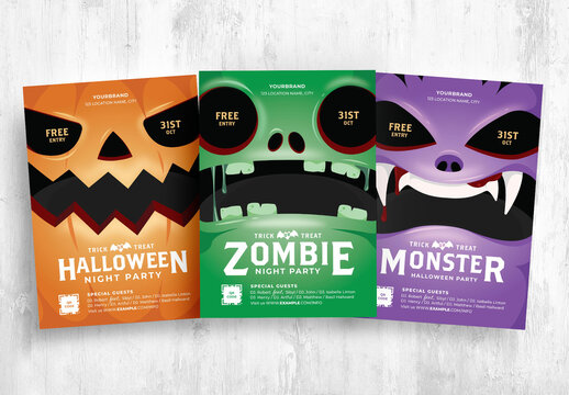 Halloween Flyer Layouts with Cartoon Monster Illustrations