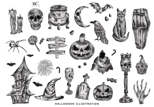 Hand Sketched Halloween Illustration Clipart with Skull Pumpkin Haunted House Bar