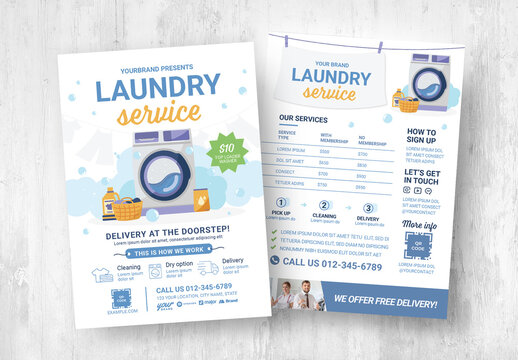 Laundry Clothes Wash Cleaning Service Flyer Layout with Washer Illustration