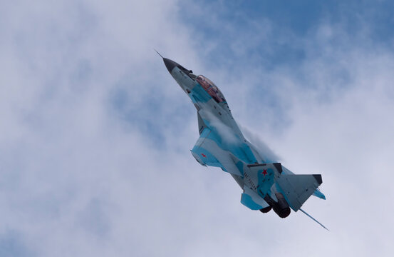 Moscow Russia Zhukovsky Airfield 25 July 2021: aerobatic MiG-35 perfoming demonstration flight of the international aerospace salon MAKS-2021