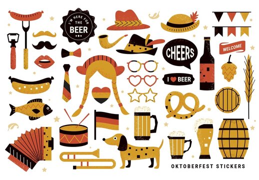 Oktoberfest Stickers Clipart Illustrations for Craft Beer Festivals with German Flag Colours