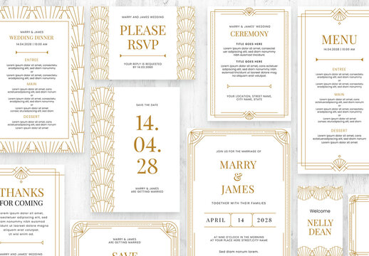 Art Deco Wedding Suite with Classic Art Deco Borderss in White & Gold